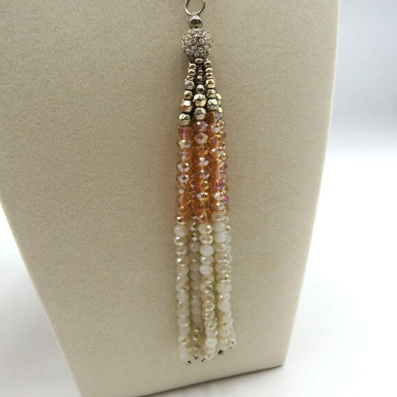 Tassel Beaded Necklace Crystal Encrusted Bead Champagne Cream Beads Silver Tone - Picture 7 of 8